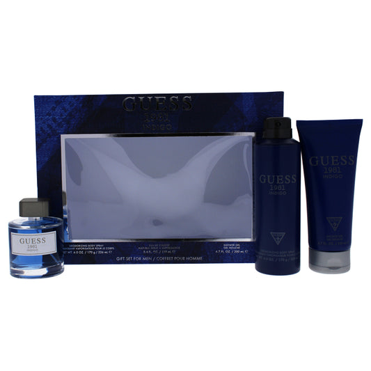 Guess 1981 Indigo by Guess for Men - 3 Pc Gift Set 3.4oz EDT Spray, 6oz Body Spray, 6.7oz Shower Gel