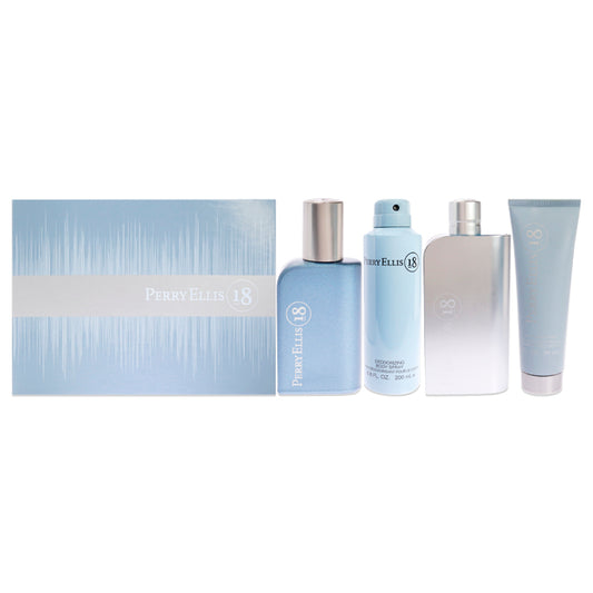 Perry Ellis 18 by Perry Ellis for Men - 4 Pc Gift Set 3.4oz EDT Spray, 0.25oz EDT Spray, 6.8oz Body Spray, 3oz Hair and Body Wash