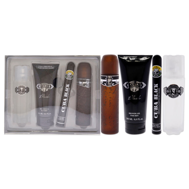 Cuba Black by Cuba for Men - 4 Pc Gift Set 3.4oz EDT Spray, 1.7oz EDT Spray, 3.3oz After Shave, 6.7oz Shower Gel