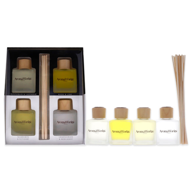 Light Range Reed Diffuser Set by Aromaworks for Unisex - 4 Pc 3.4 oz Petitgrain and Lavender Diffuser, 3.4 oz Basil and Lime Diifuser, 3.4 oz Mandarin and Vetivert Diffuser, 3.4 oz Lemongrass and Bergamot Diffuser