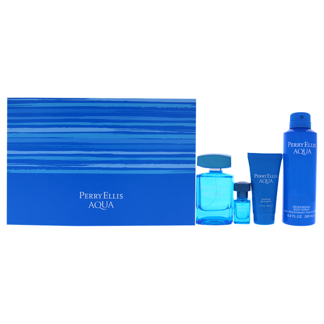 Perry Ellis Aqua by Perry Ellis for Men - 4 Pc Gift Set 3.4oz EDT Spray, 0.25oz EDT Spray, 6.8oz Deodorizing Body Spray, 1.7oz Shower Gel