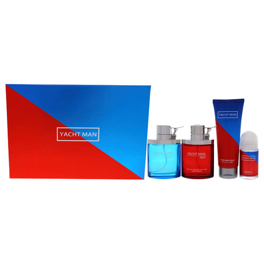 Yacht Man Blue and Yacht Man Red by Myrurgia for Men - 4 Pc Gift Set 3.4oz Red EDT Spray, 3.4oz Blue EDT Spray, 5.07oz After Shave Balm, 1.69 Deodorant Stick