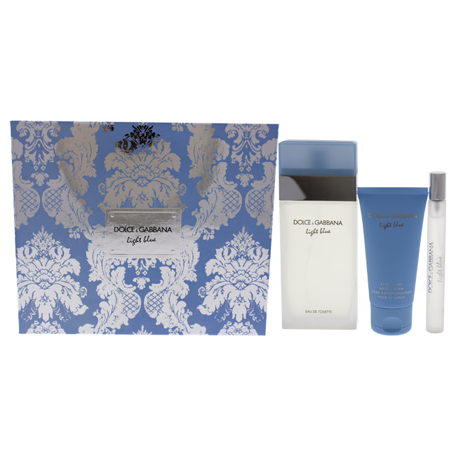 Light Blue by Dolce and Gabbana for Women - 3 Pc Gift Set 3.3oz EDT Spray, 10ml EDT Spray, 1.6oz Body Cream