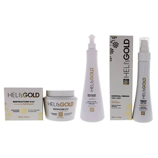 The Revival Series Kit by Helis Gold for Unisex - 3 Pc Kit 16.9oz Restructure Masque, 3.3oz Crystal Cream Serum, 33.8oz Revitalize Shampoo