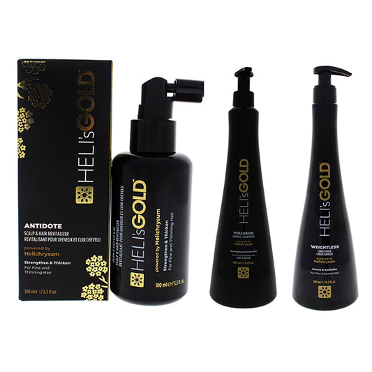 Volume Series Kit by Helis Gold for Unisex - 3 Pc Kit 3.3oz Antidote Scalp and Hair Revitalizer Treatment, 33.8oz Volumize Shampoo, 16.9oz Weightless Conditioner