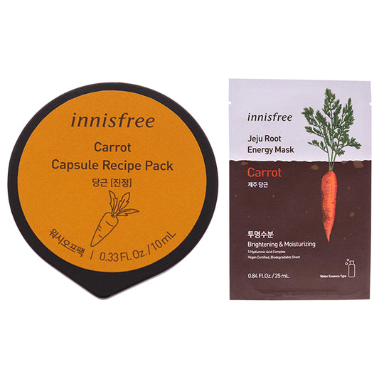 Innisfree Mask - Carrot Kit by Innisfree for Unisex - 2 Pc Kit 0.84oz Jeju Root Energy Mask - Carrot, 0.33oz Capsule Recipe Pack Mask - Carrot