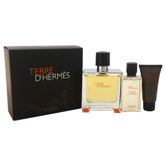 Terre DHermes by Hermes for Men - 3 Pc Gift Set 2.5oz Pure Perfume Spray, 1.35oz All-Shower Gel, 0.5oz After Shave Balm