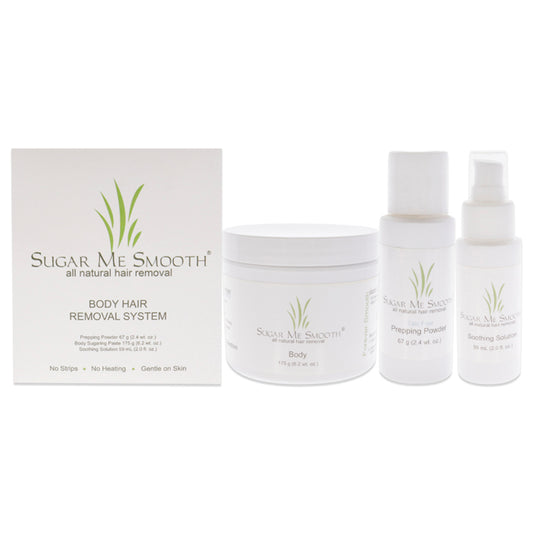 Body Hair Removal System Kit by Sugar Me Smooth for Unisex - 5 Pc 6.2oz Body Sugaring Paste, 2.4oz Prepping Powder, 2oz Soothing Solution, 2 Reusable Full Body Applicators