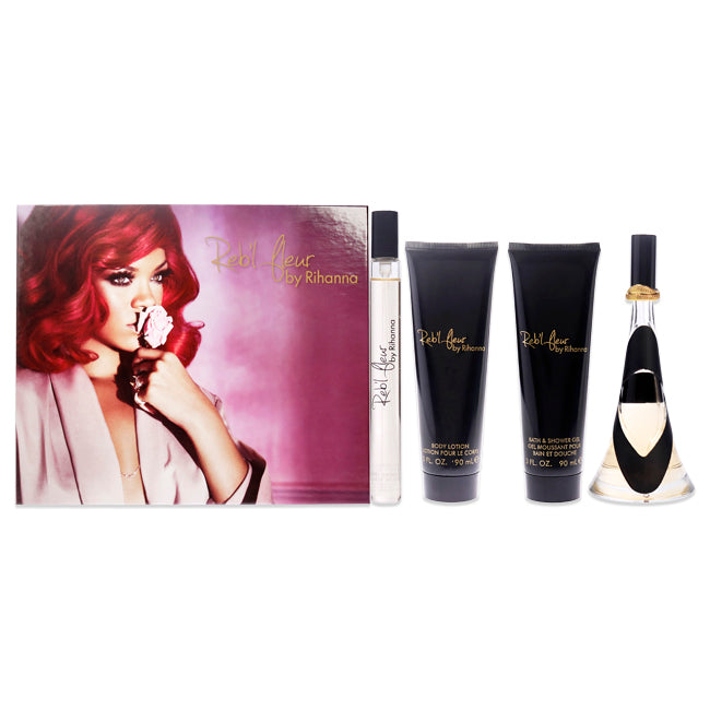 Rebl Fleur by Rihanna for Women - 4 Pc Gift Set 3.4oz EDP Spray, 3oz Body Lotion, 3oz Bath and Shower Gel, 10ml EDP Spray