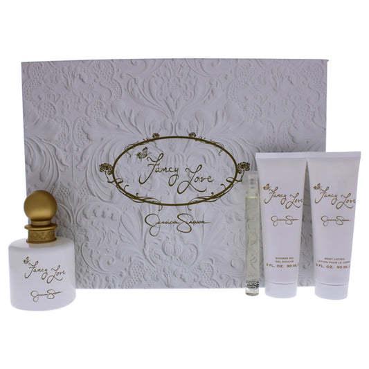 Fancy Love by Jessica Simpson for Women - 4 Pc Gift Set 3.4oz EDP Spray, 0.34oz EDP Mini Spray, 3oz Body Lotion, 3oz Bath and Shower Gel