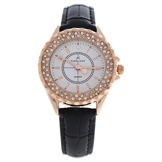 2033L-GPBLW Rose Gold/Black Leather Strap Watch by Kim & Jade for Women - 1 Pc Watch