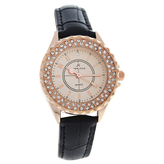 2033L-GPBLGP Rose Gold/Black Leather Strap Watch by Kim & Jade for Women - 1 Pc Watch